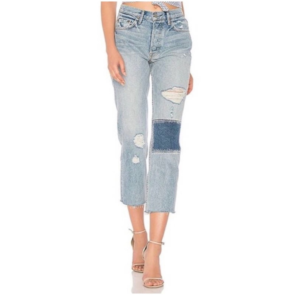 GRLFRND Blue High Rise Cropped Jeans with Distressed Details